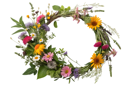 Bohemian flower wreath with mixed herbs and wild blooms, isolated on transparent background. Wreath of colorful flowers.