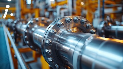 Industrial pipeline system with metal pipes, flanges, and bolts forming a modern factory infrastructure 