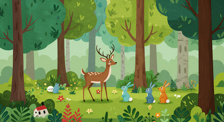 Enchanting forest scene with deer, rabbits, and playful woodland creatures illustration