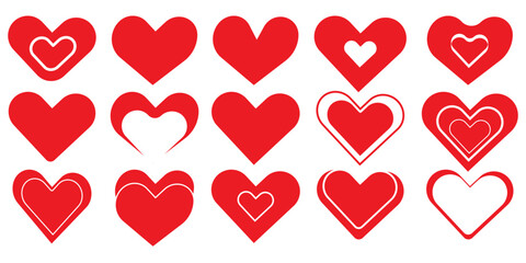 Red 15 Heart vectors. set of hearts icons in red color heart simple heart shaped metal heart with stroke valentines day iconsSet of hearts in red color, Red heart icons set vector. 