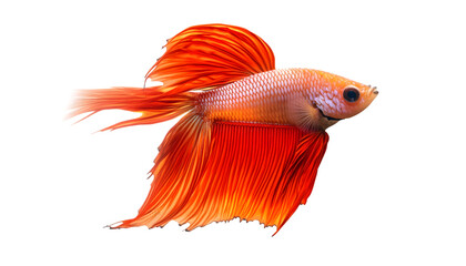 Fototapeta premium A vibrant orange Betta fish swims gracefully, its long, flowing fins and tail creating a beautiful display against a clean white background.