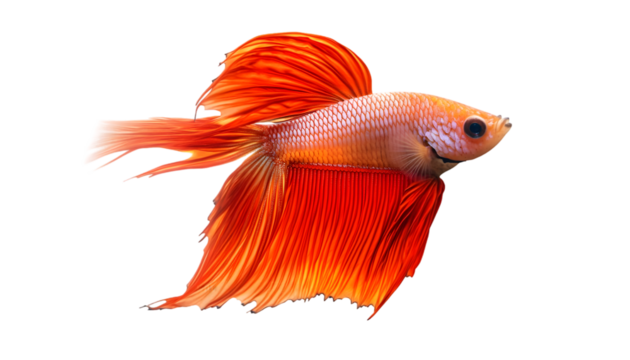 A vibrant orange Betta fish swims gracefully, its long, flowing fins and tail creating a beautiful display against a clean white background.