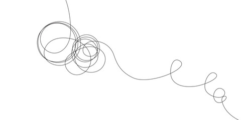 A continuous black line intertwines into spiraling loops and loose circles, creating a minimalist design against a stark white background with a sense of flowing movement