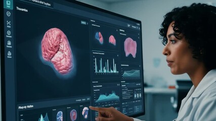 Focused Female Scientist Analyzing 3D Brain Model on Large Computer Screen - Powered by Adobe