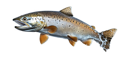 Naklejka premium A detailed illustration of a brown trout, showcasing its speckled body, fins, and open mouth, isolated on a white background.