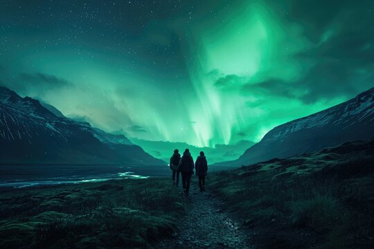 Northern Lights Ascent: Trekking Silhouettes Under Iceland’s Frozen Sky

