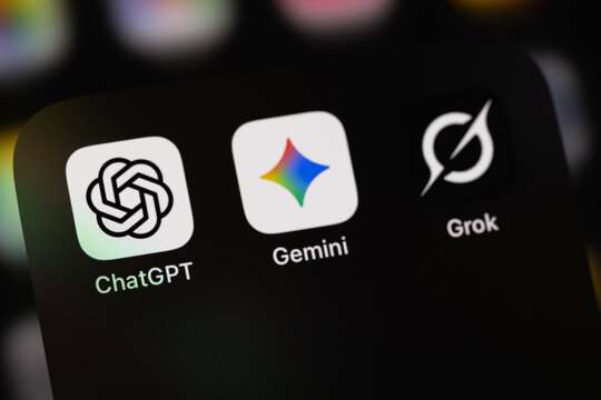 ChatGPT, Google Gemini and Grok XAi mobile icon apps on a screen closeup smartphone iPhone. Popular chatbots with generative artificial intelligence. Batumi, Georgia - May 4, 2025