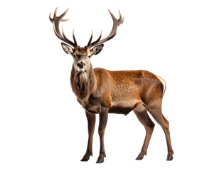 Fototapeta premium A striking red deer stag with impressive antlers stands confidently, gazing directly forward.