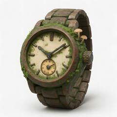 A corroded wristwatch with moss and fungi between gears and frame