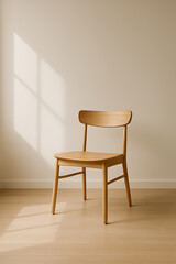 Minimalist wooden chair stands bathed in natural light against a neutral wall