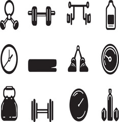 A collection of black and white fitness icons including weights clocks and other gym related equipment