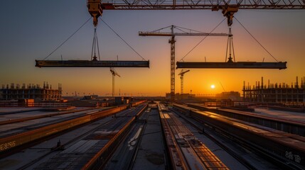 Construction site at sunrise with cranes lifting beams.