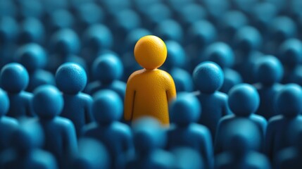 Single yellow figure amidst a crowd of blue figures