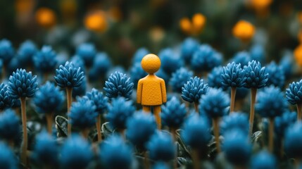 Single yellow figurine amidst a field of blue flowers