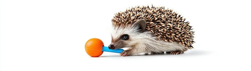 Obraz premium Adorable hedgehog playing with a colorful toy on a white background showcasing playful behavior
