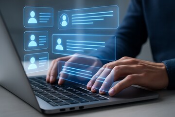 Person typing on laptop with glowing blue user profile interface hands keyboard