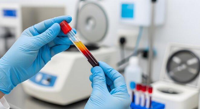 Laboratory Technician Examining Separated Blood Components in a Test Tube, showcasing distinct layers of plasma, buffy coat, and red blood cells.