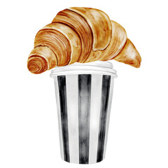 Coffee and croissant watercolor illustration. Hand drawn fresh french bun with with hot cappuccino. Food clip art. Ideal for bakery prints, postcards and pastry shop posters.