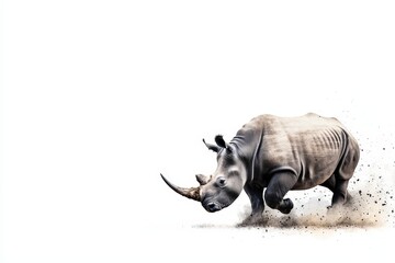 Fototapeta premium Powerful Rhinoceros Running Across Bare Ground with Dust and Motion Effects
