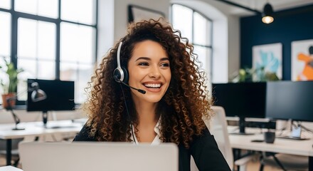 Happy customer service agent provides excellent support, radiating positivity and professionalism in a modern office setting. Her joyful expression enhances client experience.