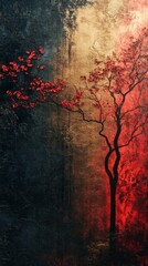 Stylized Red Leaf Tree Against Dark Gold Abstract Textured Background Vertical Art