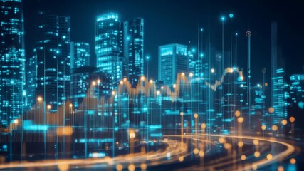 Immerse yourself in the vibrant and interactive financial data visuals set against a breathtaking city skyline - Powered by Adobe