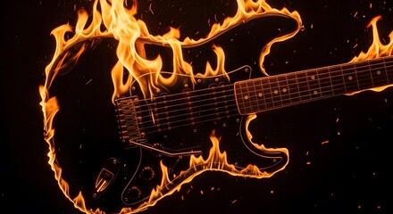 Electric guitar engulfed in fiery flames, a mesmerizing spectacle of burning wood and metal against a stark black background. Intense heat and vibrant orange hues.
