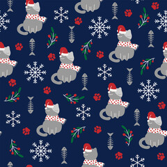 Seamless Christmas pattern featuring colorful cats with festive elements like snowflakes, holly, candy canes, gifts, and Santa hats. Ideal for holiday wrapping paper, fabric prints, greeting cards