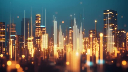 Immerse yourself in the vibrant and interactive financial data visuals set against a breathtaking city skyline - Powered by Adobe