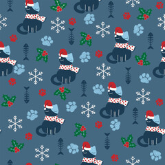 Seamless Christmas pattern featuring colorful cats with festive elements like snowflakes, holly, candy canes, gifts, and Santa hats. Ideal for holiday wrapping paper, fabric prints, greeting cards