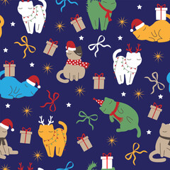 Seamless Christmas pattern featuring colorful cats with festive elements like snowflakes, holly, candy canes, gifts, and Santa hats. Ideal for holiday wrapping paper, fabric prints, greeting cards
