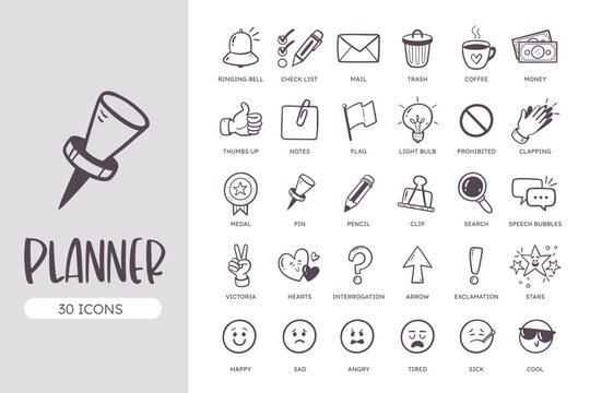Planner Icon Set, perfect for digital planners and diaries. Hand-drawn vector, Line art design.