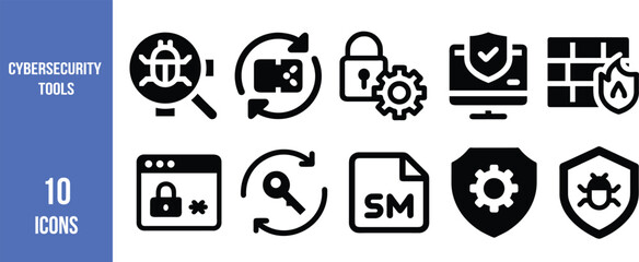 Collection of 10 black and white icons representing cybersecurity tools, including firewalls, passwords, malware scans, and secure systems.

