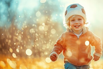 Cheerful child wearing a soccer hat running joyfully in a sunny autumn park