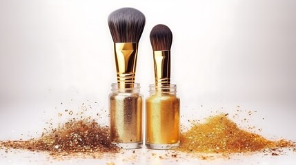 Three golden glitter polish brush strokes in different widths next to the bottle and brush, arranged for product sampling with ample copy space, full frame .