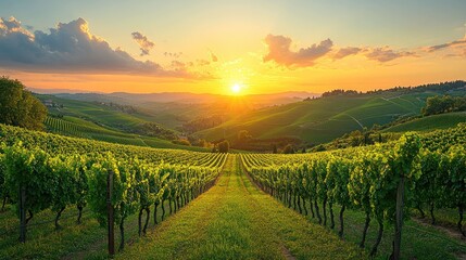 Fototapeta premium Sunset over vineyard hills