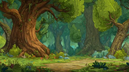 Naklejka premium Lush forest scene with large trees and a pathway.
