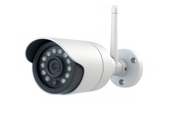 Modern security camera with infrared leds and wifi antenna ensuring safety and surveillance, isolated on transparent background