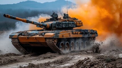 Tank moving through dirt, orange smoke