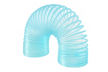 Close-up of a flexible light blue plastic slinky spring toy, isolated on a transparent background, ready for fun and games