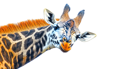 Close-up of a giraffe's head and neck against a white background, showcasing its distinctive spotted pattern and facial features.