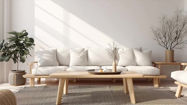 Minimal Scandinavian living room with natural wood, sunlight casting shadows on white walls