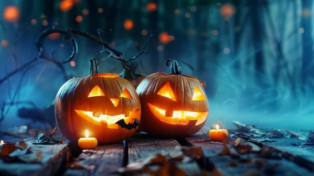 An enchanting Halloween scene with a plethora of eerie pumpkins set against a mysterious forest backdrop