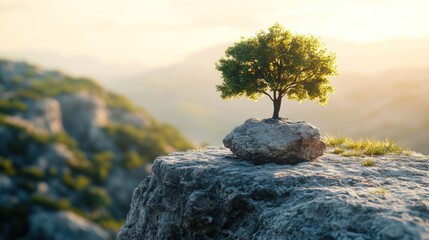 Tiny tree atop craggy mountain peak