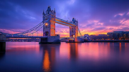 Obraz premium Tower Bridge at sunrise, vibrant colors reflecting on river