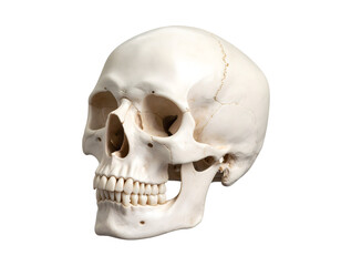 Detailed anatomical human skull showcasing intricate bone structure and dental features for scientific study.