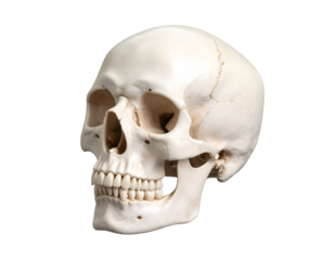 Detailed anatomical human skull showcasing intricate bone structure and dental features for scientific study.