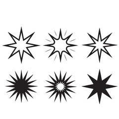 Fototapeta premium A collection of six starburst shapes in black and white with varying designs and levels of detail