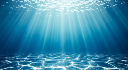 Sunlight Pierces Through Azure Depths, Creating a Serene Underwater Landscape with Light Patterns on the Sea Floor as Light Rays Shine Down