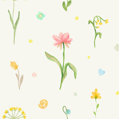 Meadow flowers in pastel colors on a light background - watercolor seamless pattern, Vintage. Mother's Day. Wallpaper. Spring. Summer.